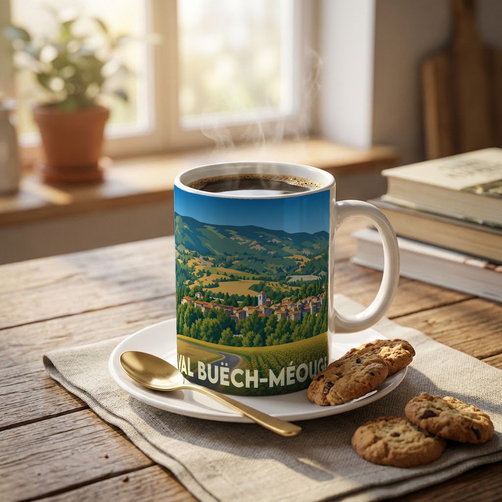 Mug souvenir de la ville de Val Buëch-Méouge orné d'une illustration paysagère stylisée.
