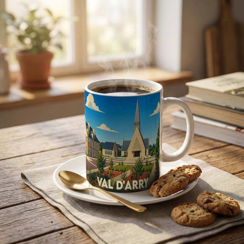Mug souvenir de la ville de Val d'Arry orné d'une illustration stylisée de son architecture.
