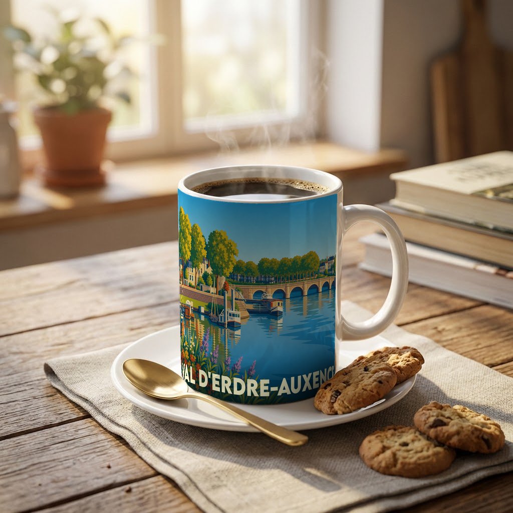 Mug souvenir de la ville de Val d'Erdre-Auxence avec une illustration stylisée des bords de l'Erdre.