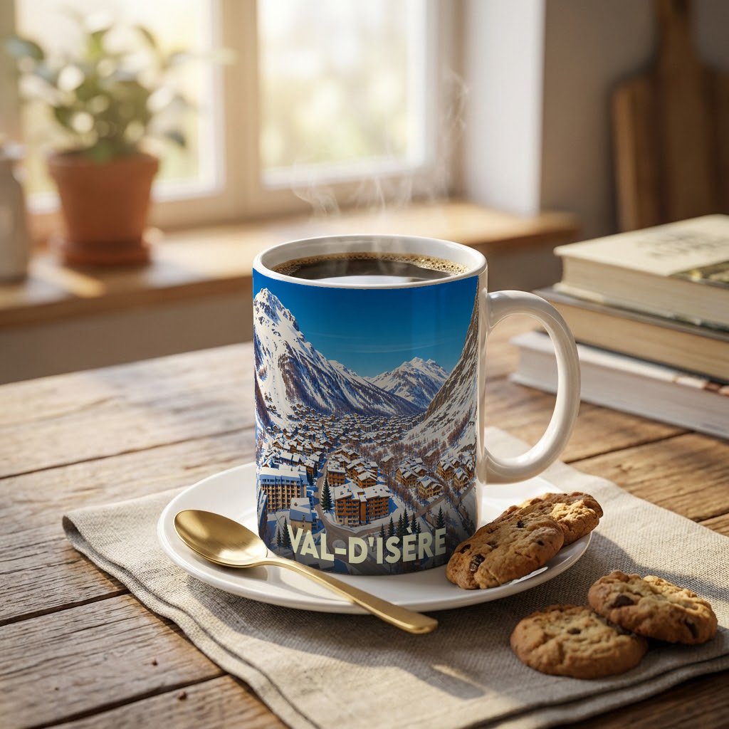 Mug souvenir de la ville de Val-d'Isère illustré d'un paysage de montagne enneigé.