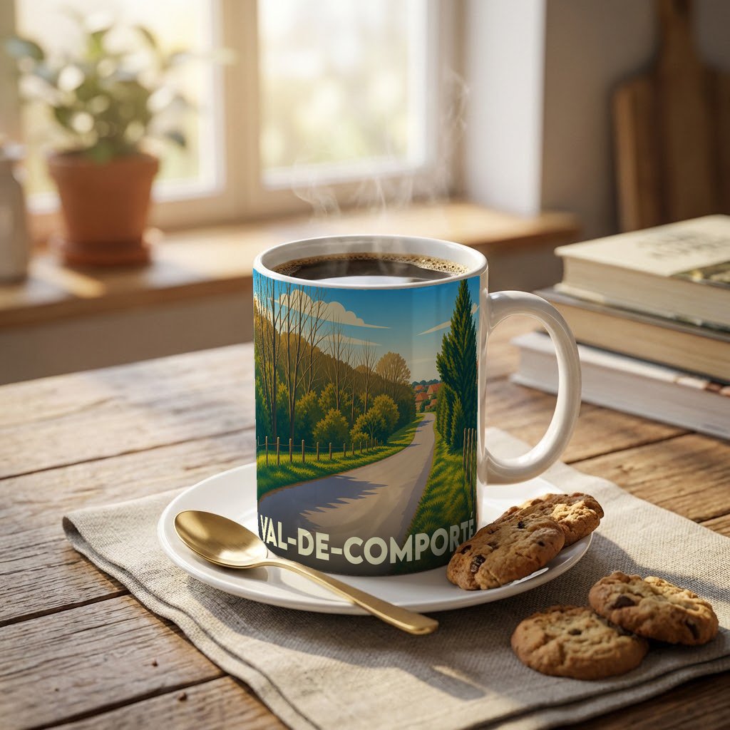 Mug souvenir de la ville de Val-de-Comporté orné d'une illustration paysagère stylisée.