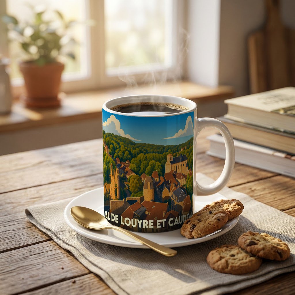 Mug souvenir de la ville de Val de Louyre et Caudeau orné d'une illustration panoramique colorée.