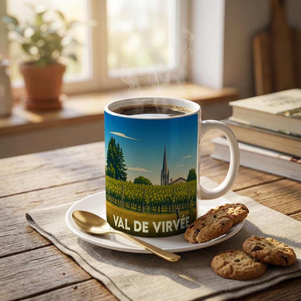 Mug souvenir de la commune de Val de Virvée illustré d'un paysage de vignes et d'un clocher.