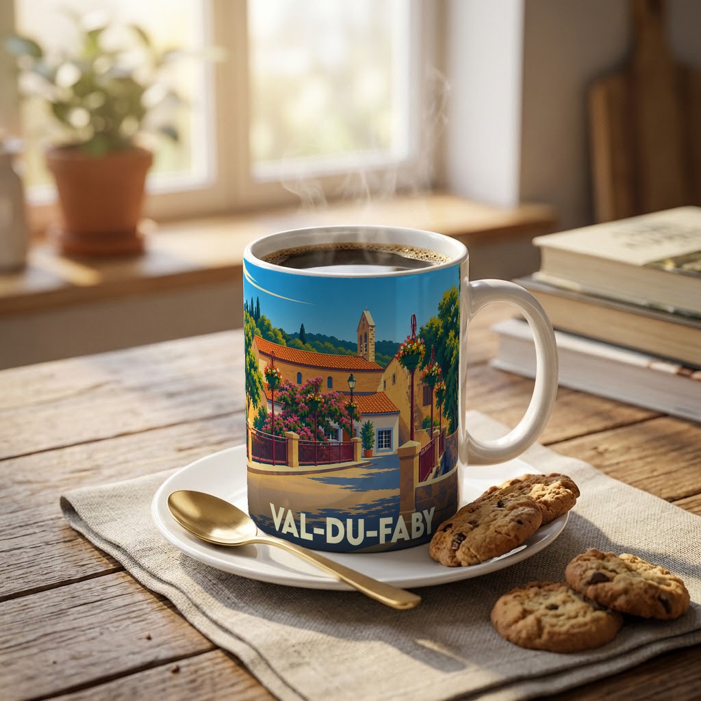 Mug souvenir de la ville de Val-du-Faby orné d'une illustration colorée et stylisée d'un village pittoresque.