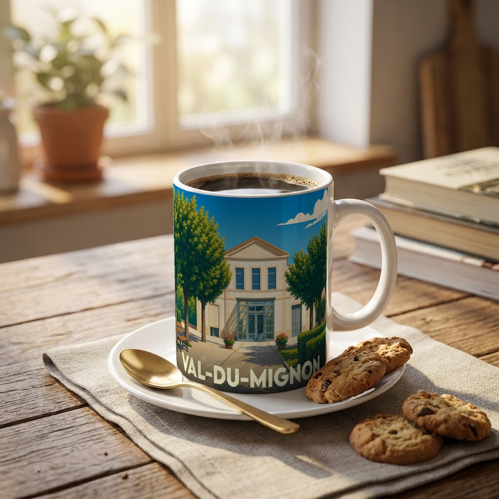 Mug souvenir de la ville de Val-du-Mignon avec une illustration stylisée d'un bâtiment classique entouré d'arbres.