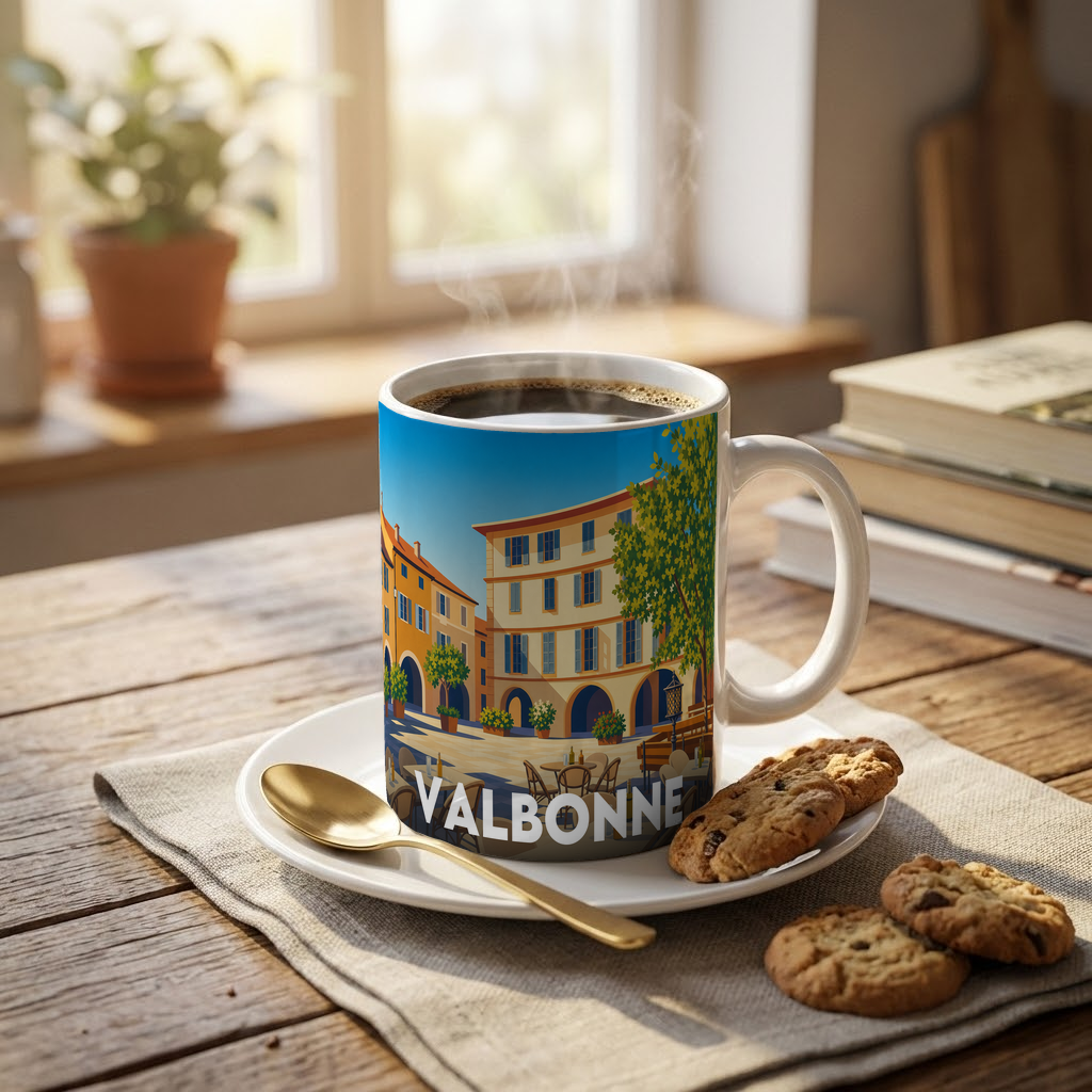 Mug souvenir de la ville de Valbonne avec une illustration colorée et stylisée.