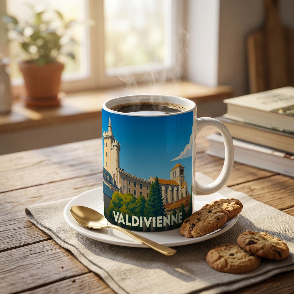 Mug souvenir de la ville de Valdivienne orné d'une illustration stylisée de son patrimoine architectural.
