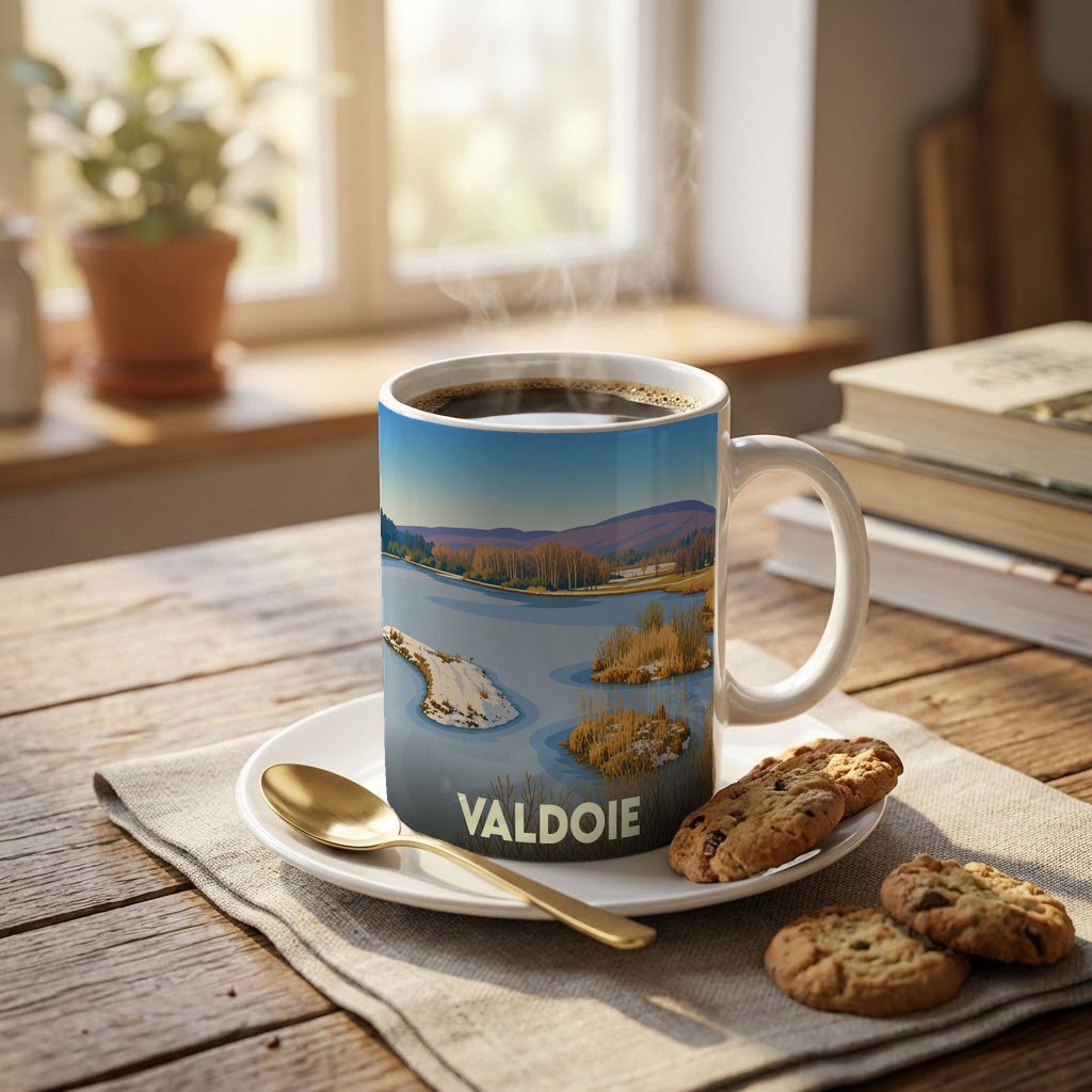 Mug souvenir de la ville de Valdoie avec une illustration stylisée d'un paysage fluvial.