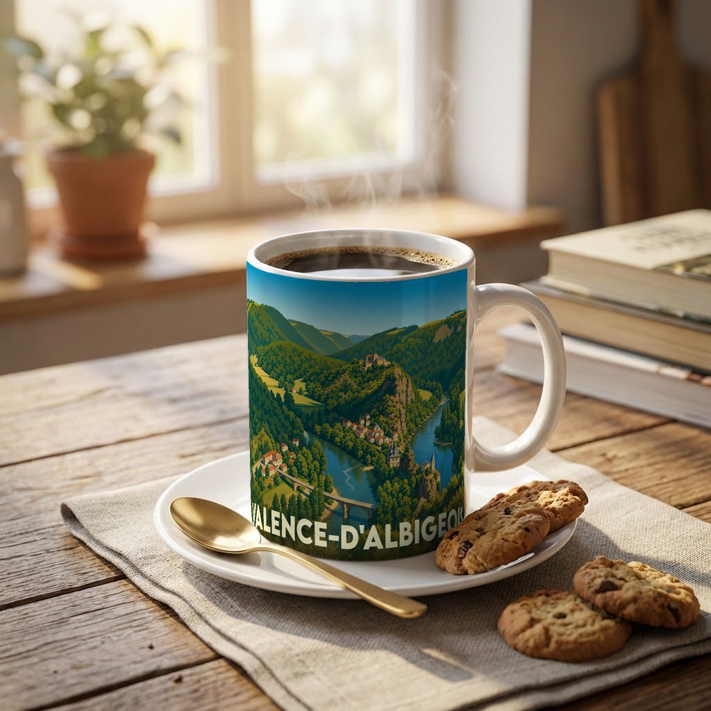 Mug souvenir de la ville de Valence-d'Albigeois orné d'une illustration stylisée de ses paysages et de sa rivière.