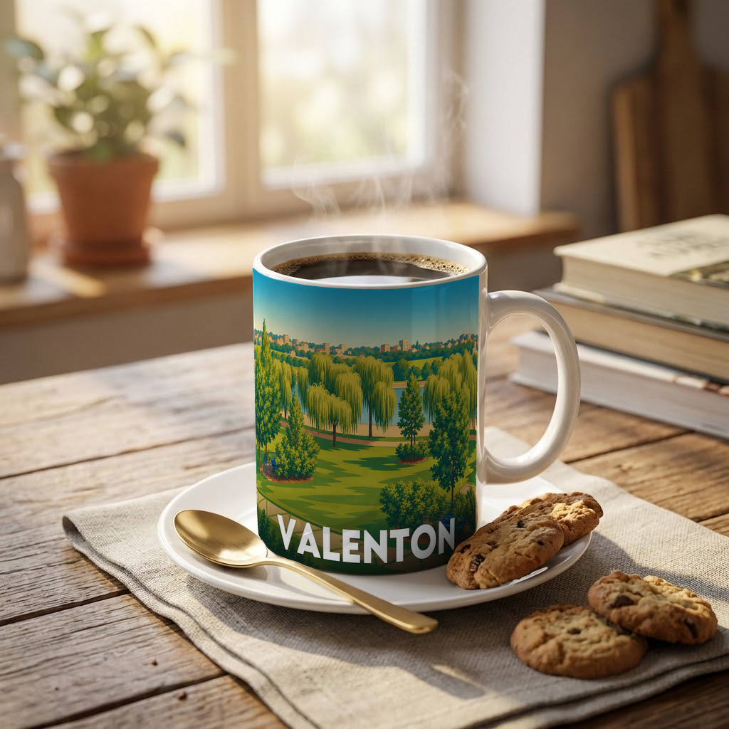 Mug souvenir de la ville de Valenton avec une illustration stylisée de parc.