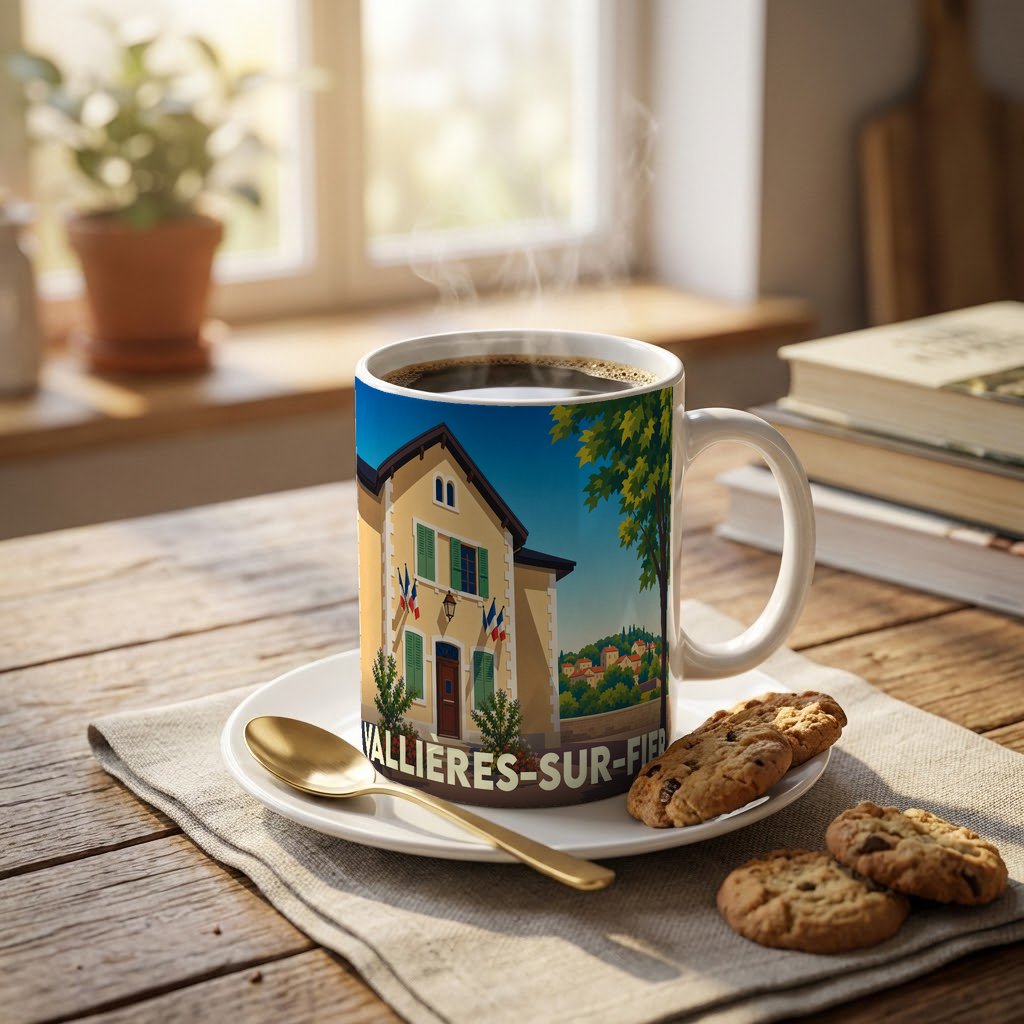 Mug souvenir de Vallières-sur-Fier orné d'une illustration stylisée de la mairie sous un ciel bleu.