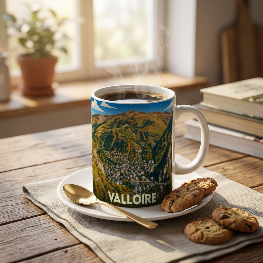 Mug souvenir de la ville de Valloire orné d'une illustration panoramique de la station.