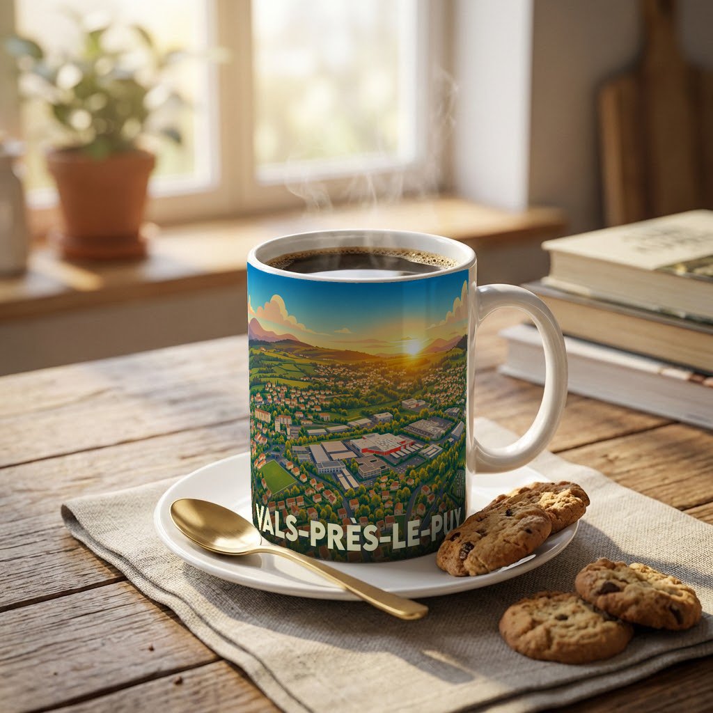 Mug souvenir de la ville de Vals-près-le-Puy orné d'une illustration panoramique colorée.