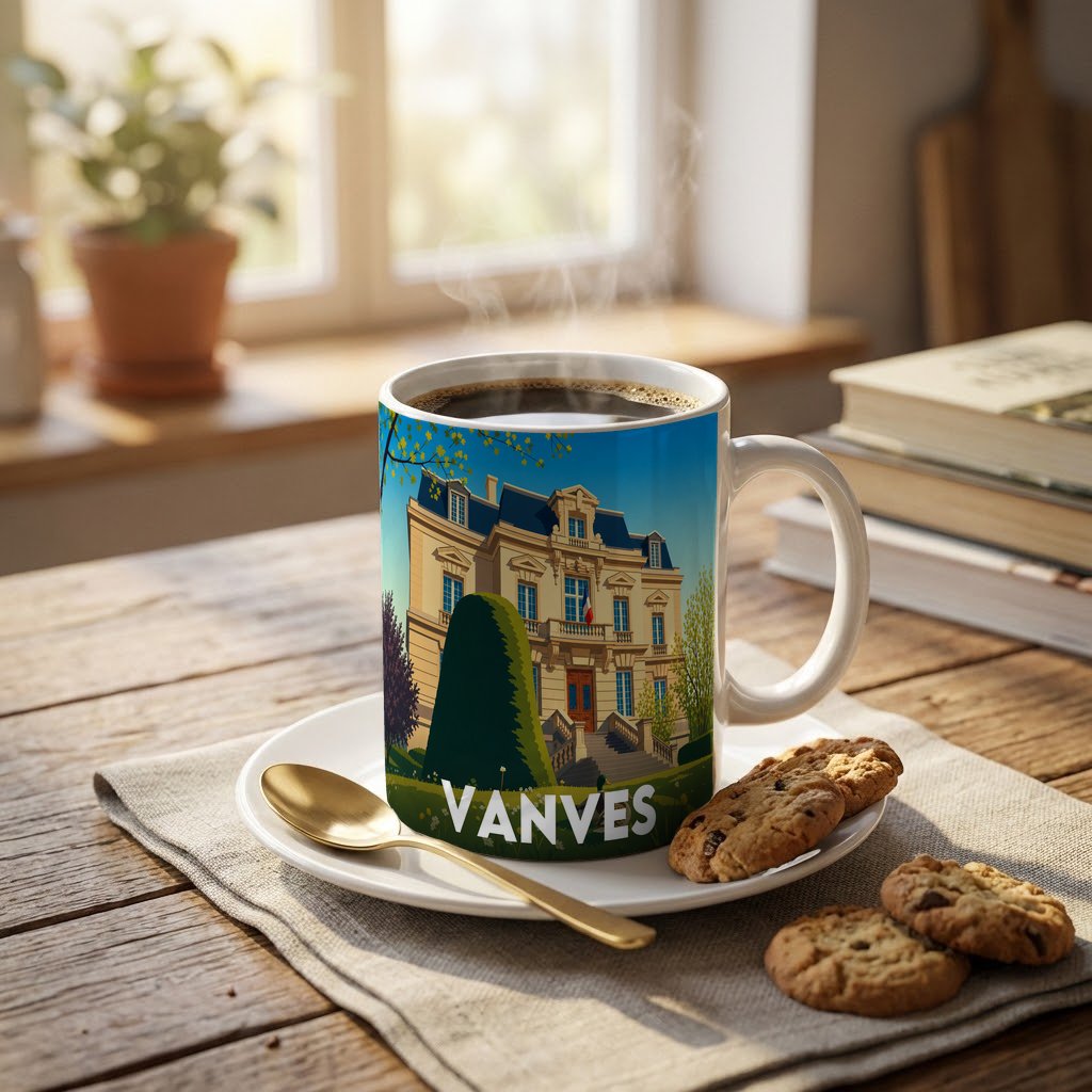 Mug souvenir de la ville de Vanves illustré par un manoir classique sous un ciel bleu.