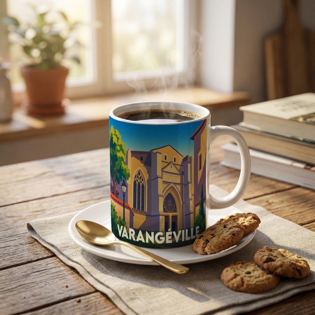 Mug souvenir de la ville de Varangéville orné d'une illustration stylisée de son église.