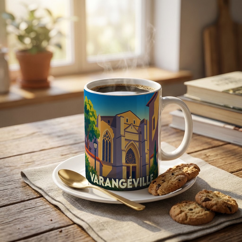 Mug souvenir de la ville de Varangéville orné d'une illustration stylisée de son église.