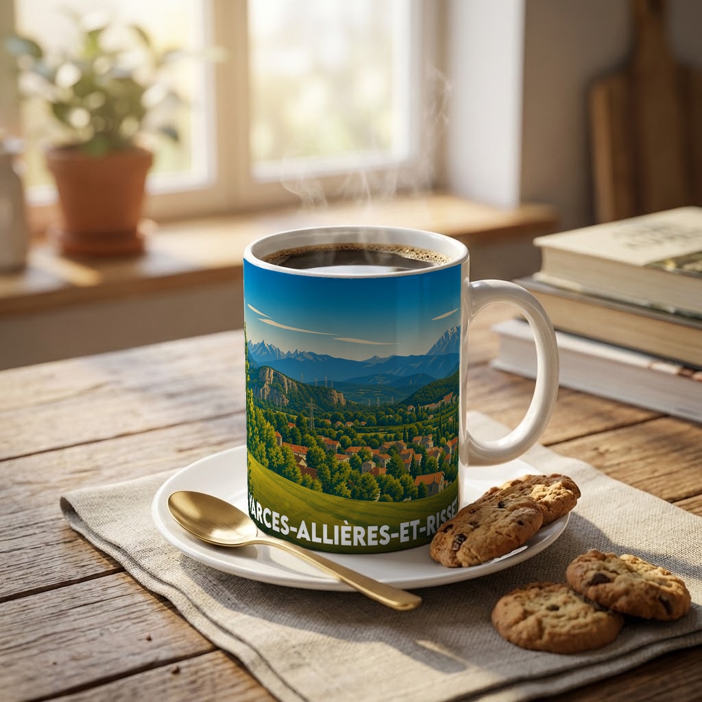 Mug souvenir de la ville de Varces-Allières-et-Risset avec une illustration stylisée d'un paysage montagneux.