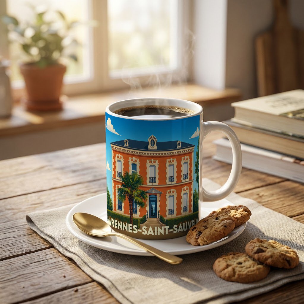 Mug souvenir de la ville de Varennes-Saint-Sauveur avec une illustration stylisée d'un bâtiment remarquable.