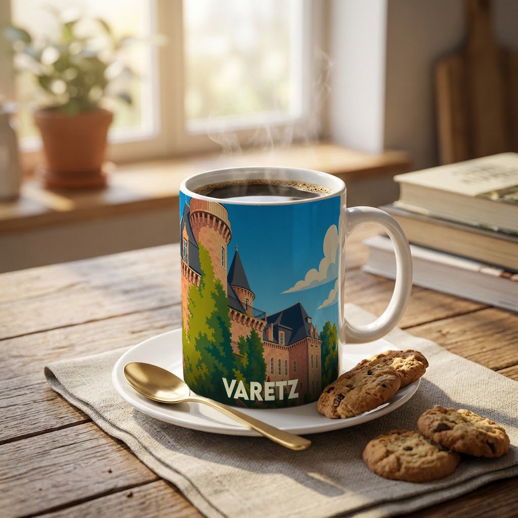 Mug souvenir de la ville de Varetz orné d'une illustration stylisée de son château.