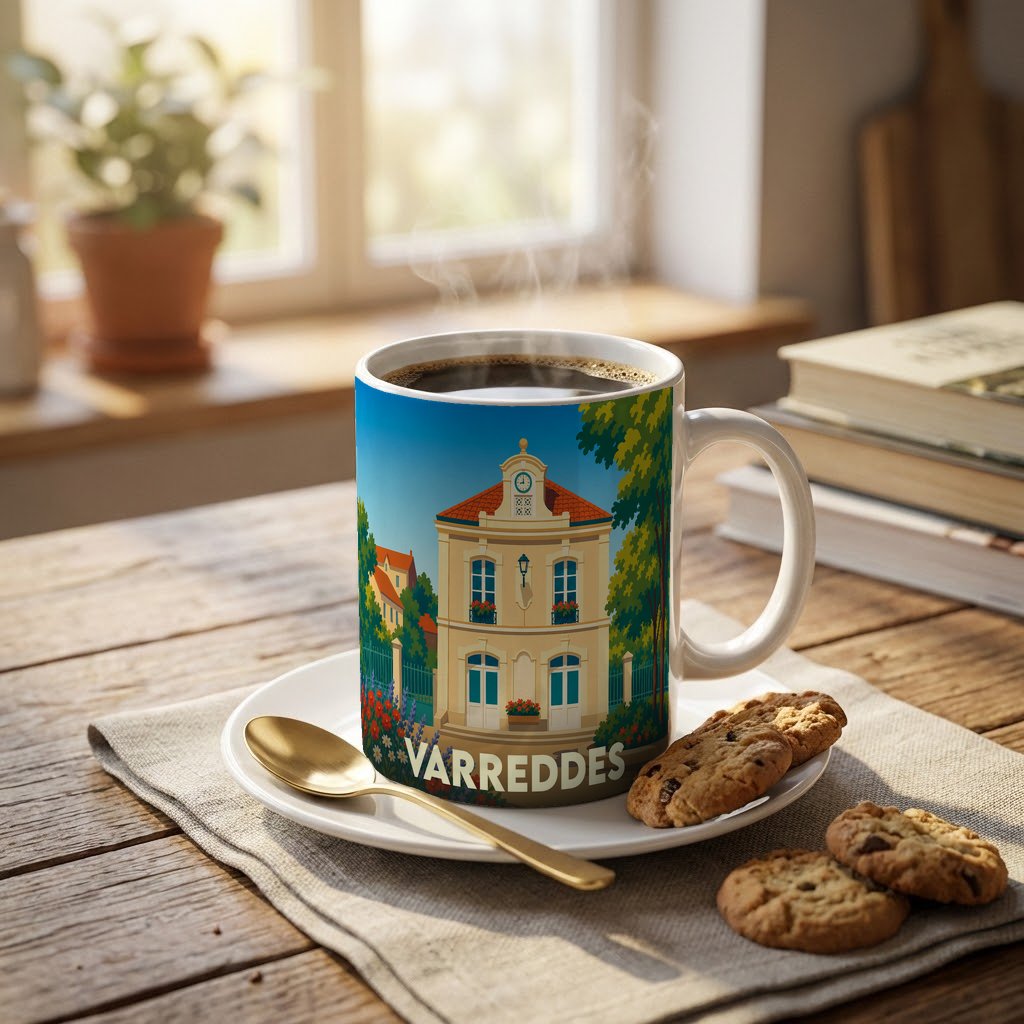 Mug souvenir de la ville de Varreddes avec une illustration stylisée de son hôtel de ville.