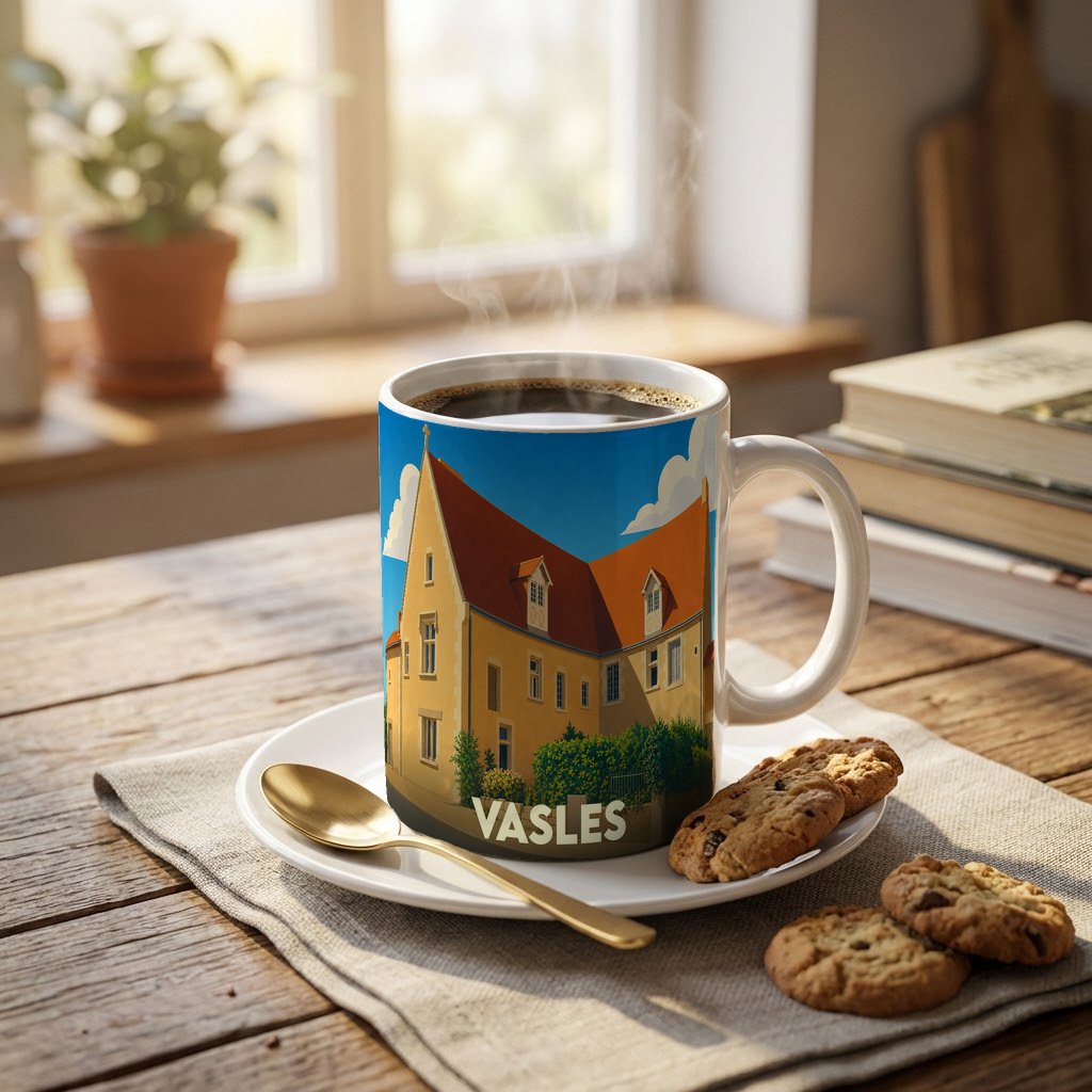 Mug souvenir de la ville de Vasles illustré d'un bâtiment historique stylisé, posé sur une table avec des biscuits.