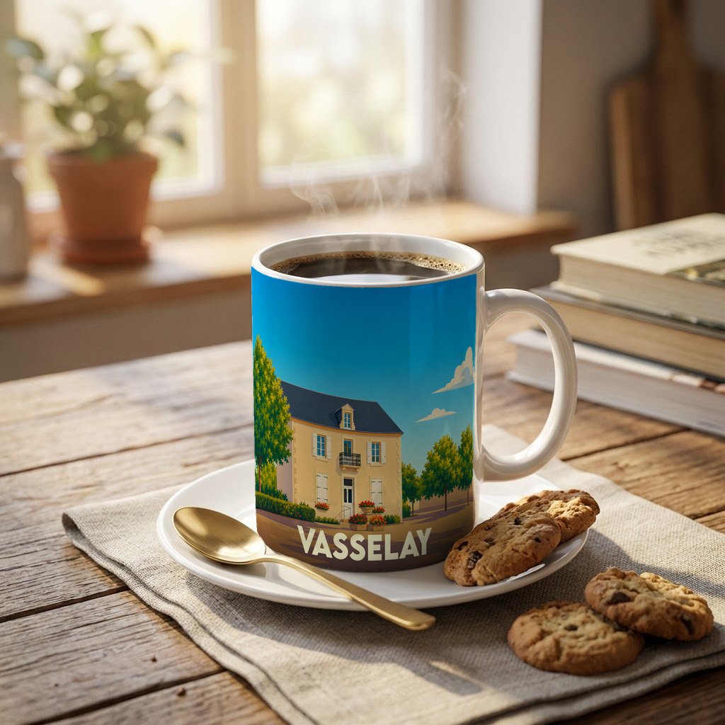 Mug souvenir de la ville de Vasselay orné d'une illustration stylisée représentant une maison traditionnelle.