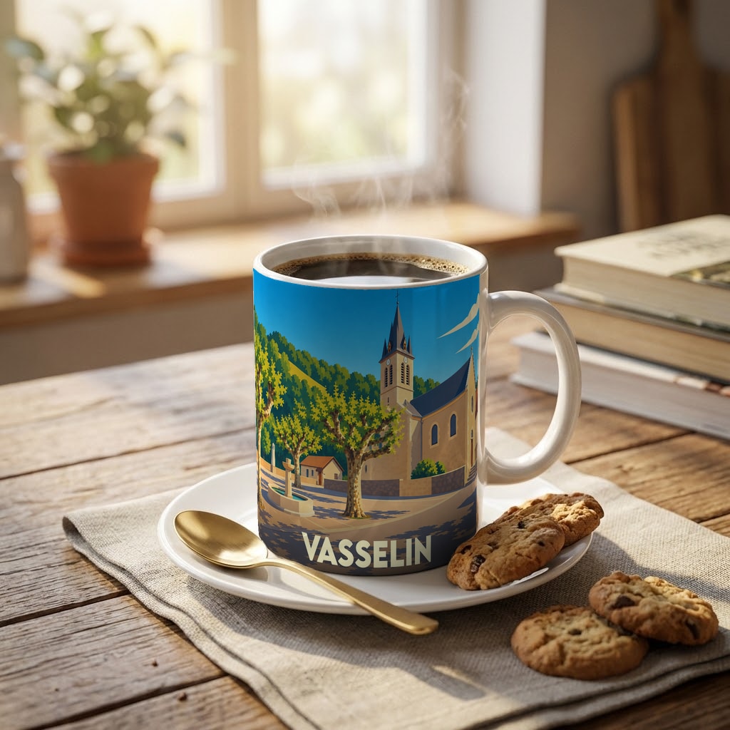 Mug souvenir de la ville de Vasselin orné d'une illustration stylisée de son église et de son paysage.