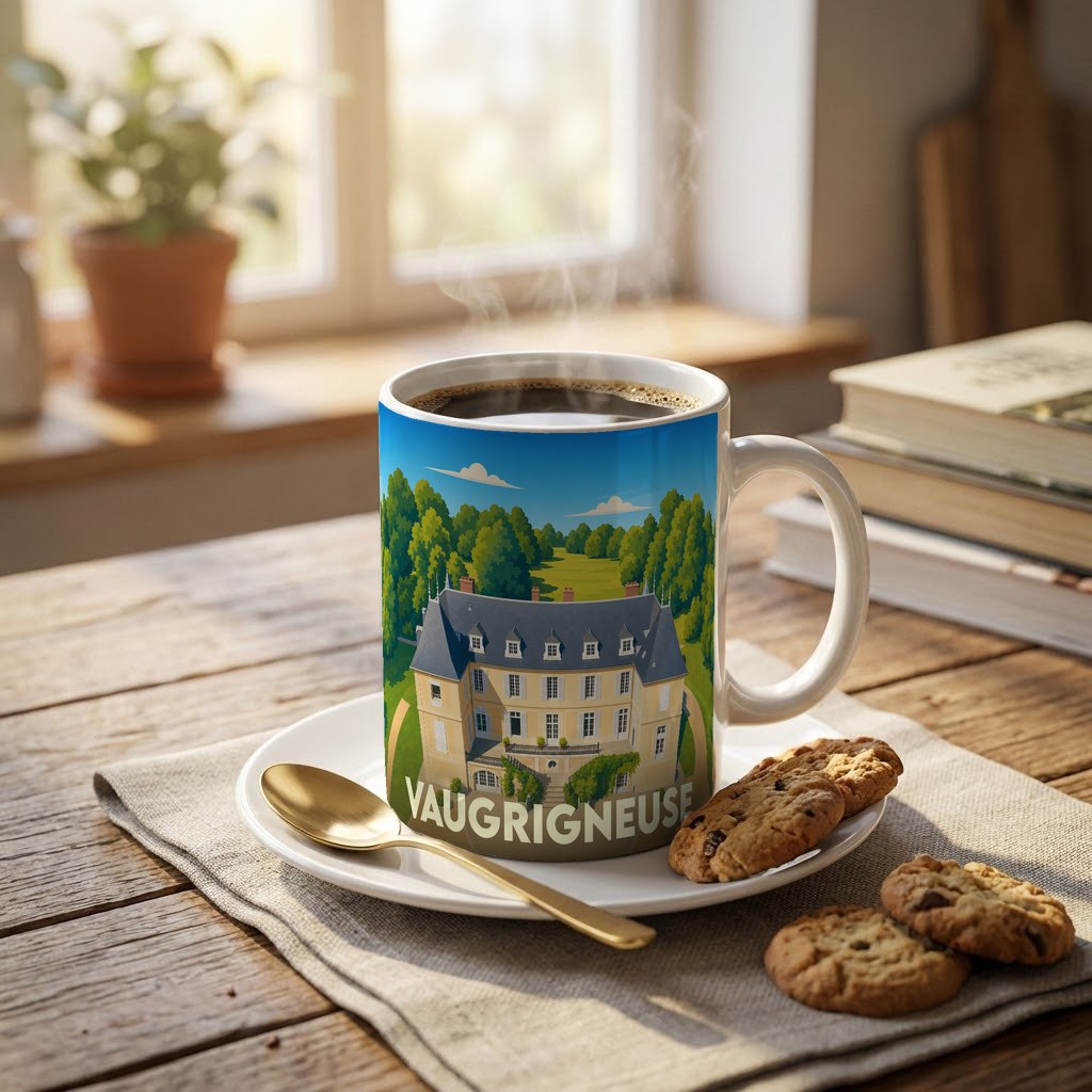 Mug souvenir de la ville de Vaugrigneuse orné d'une illustration stylisée de son château.