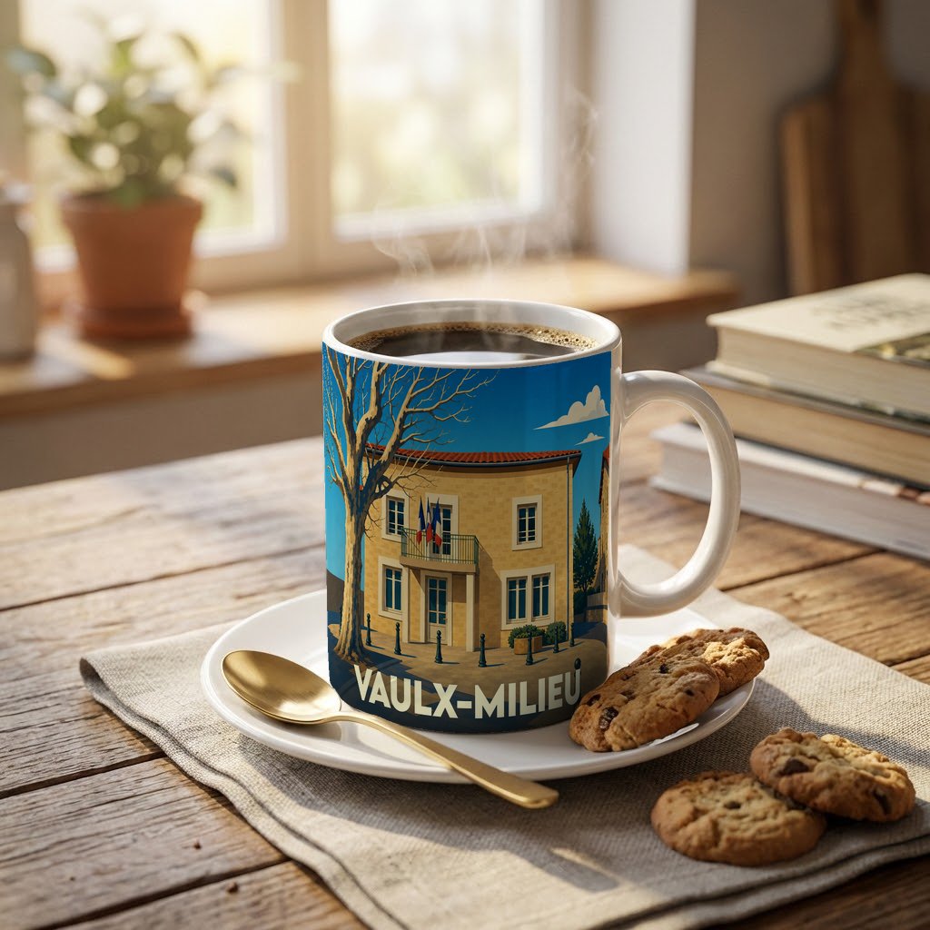 Mug souvenir de la ville de Vaulx-Milieu avec une illustration stylisée de sa mairie.
