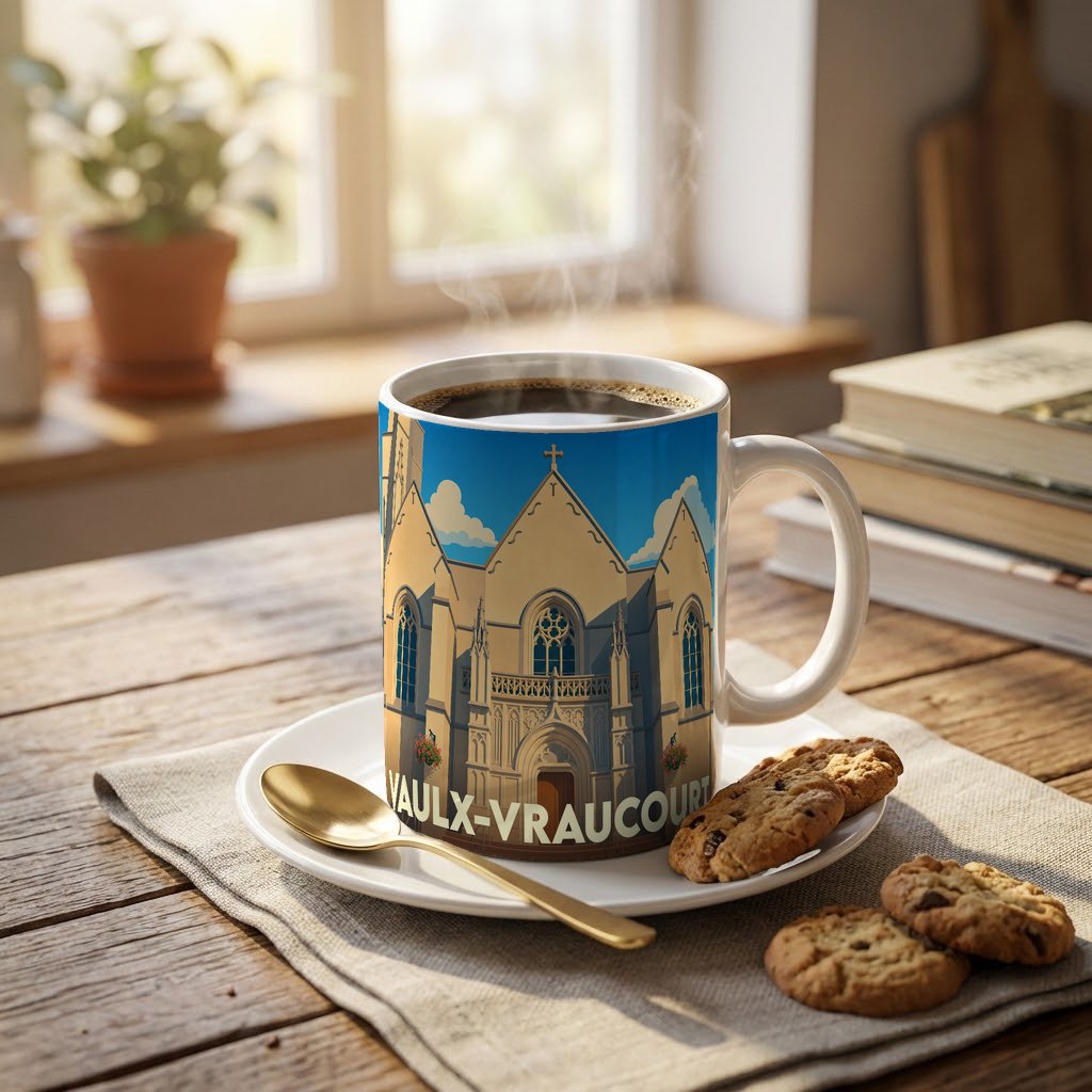 Mug souvenir de la commune de Vaulx-Vraucourt avec une illustration stylisée de son église.