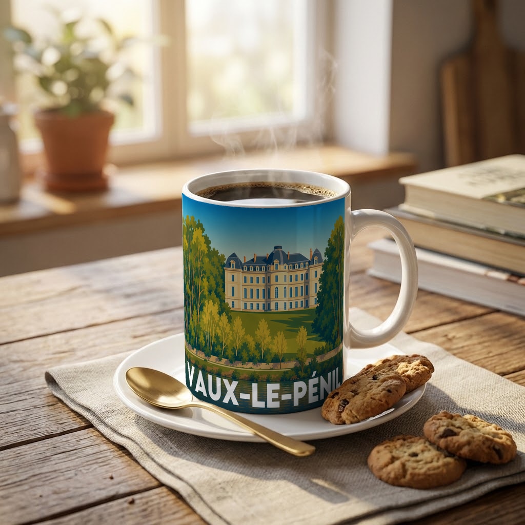 Mug souvenir de la ville de Vaux-le-Pénil avec une illustration stylisée d'un château.