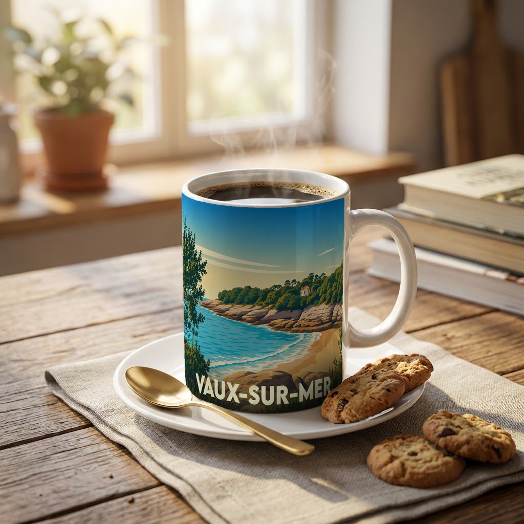 Mug souvenir de la ville de Vaux-sur-Mer orné d'une illustration côtière stylisée.