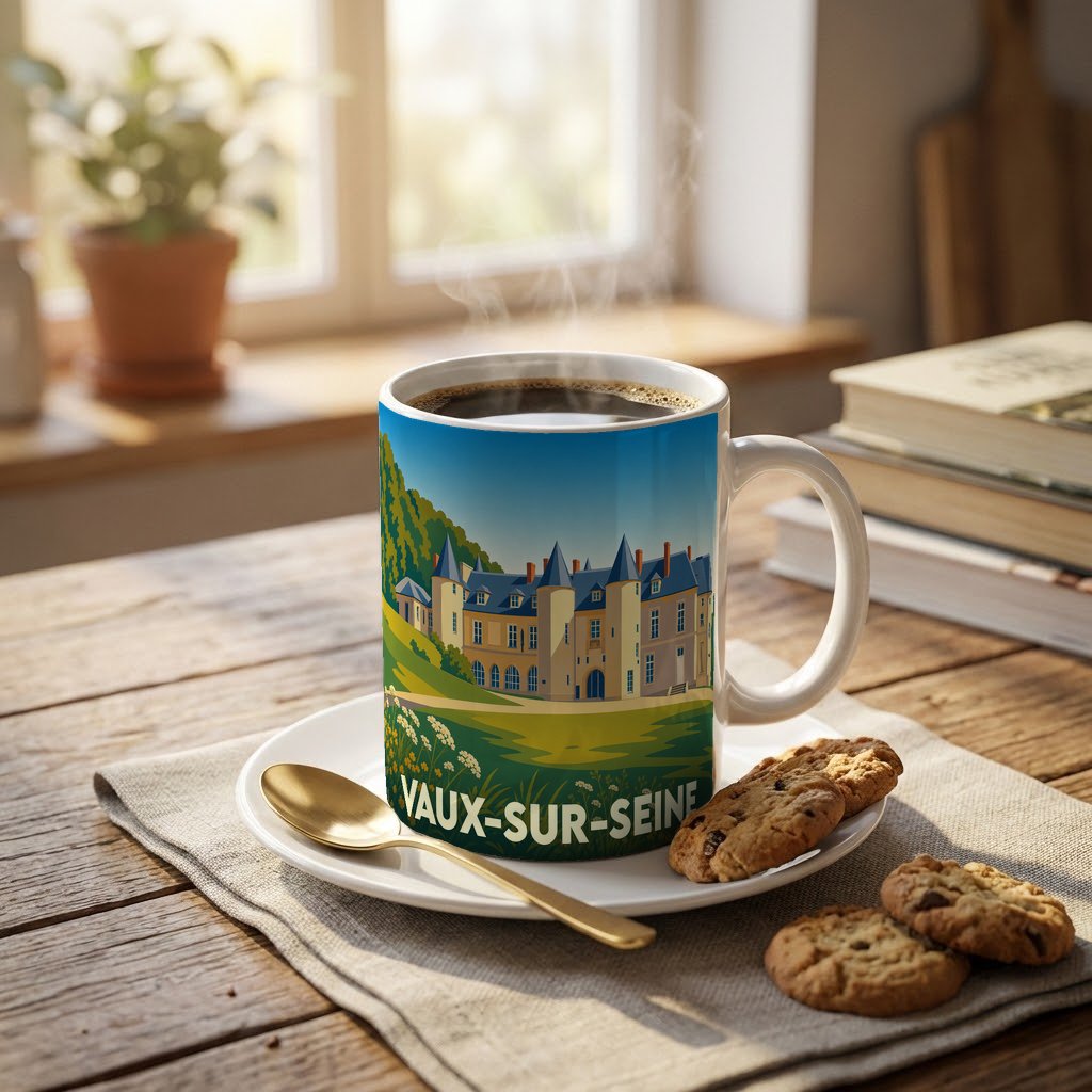 Mug souvenir de la ville de Vaux-sur-Seine avec une illustration stylisée d'un château.