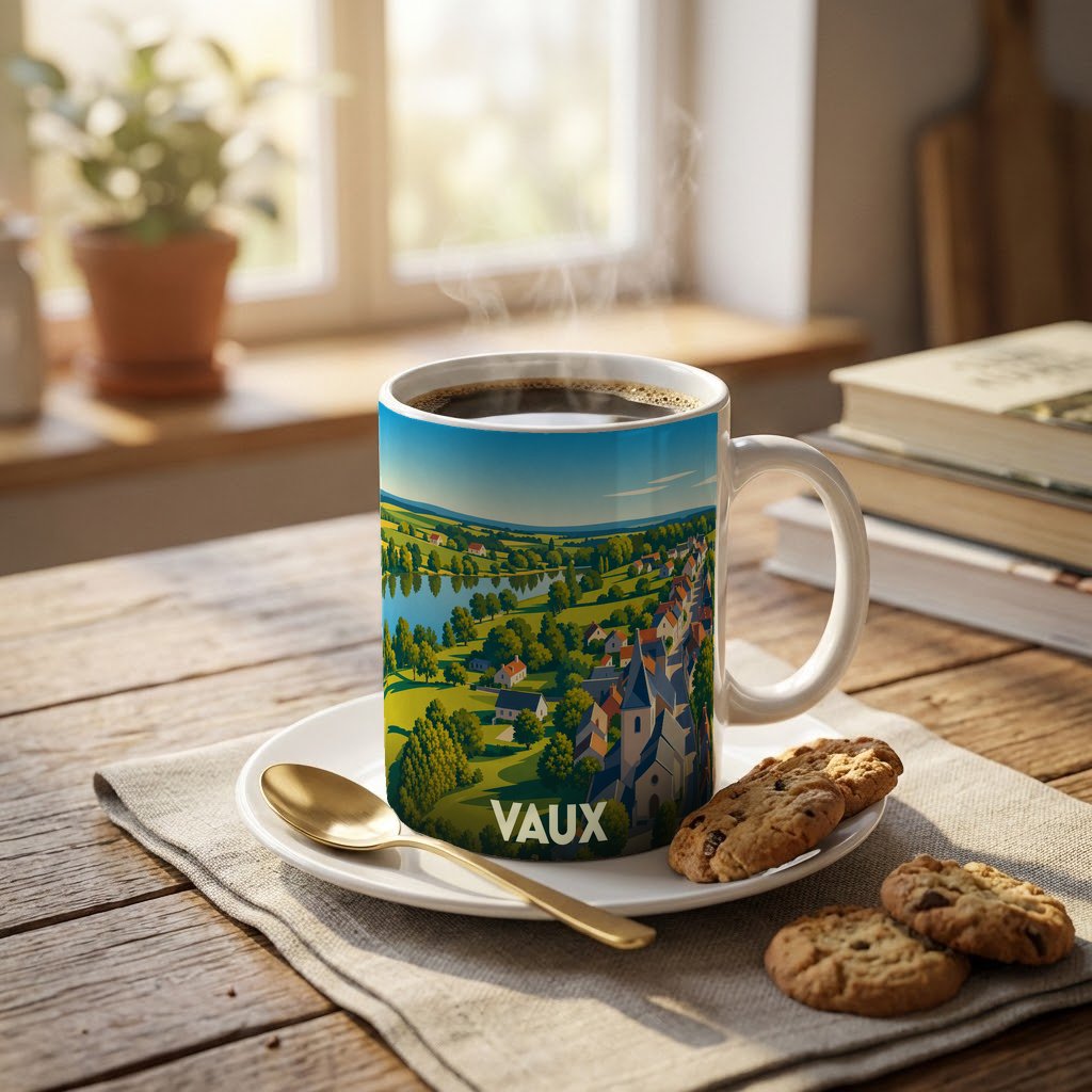 Mug souvenir de la ville de Vaux orné d'une illustration paysagère stylisée.