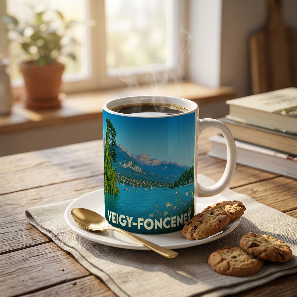 Mug souvenir de la ville de Veigy-Foncenex avec une illustration stylisée d'un paysage de lac et de montagnes.