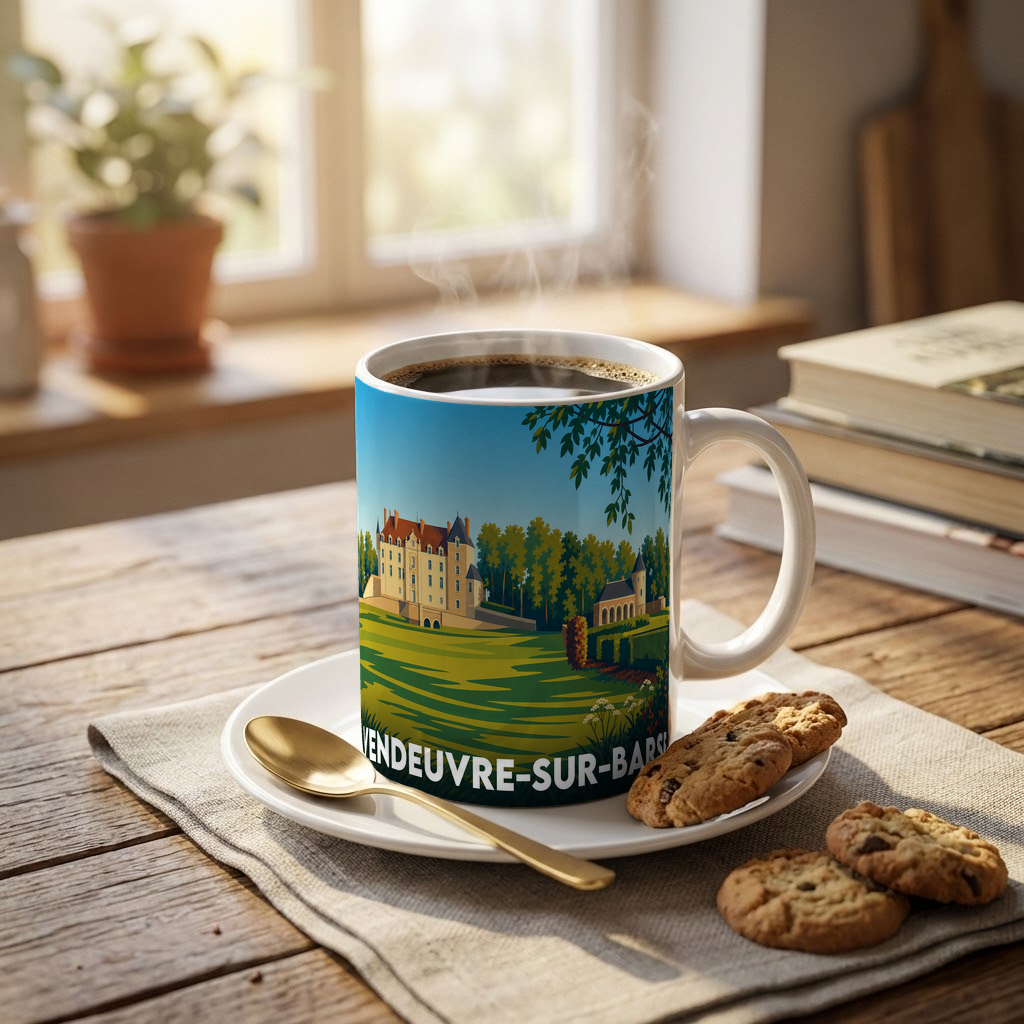 Mug souvenir de la ville de Vendeuvre-sur-Barse avec une illustration stylisée de son château.