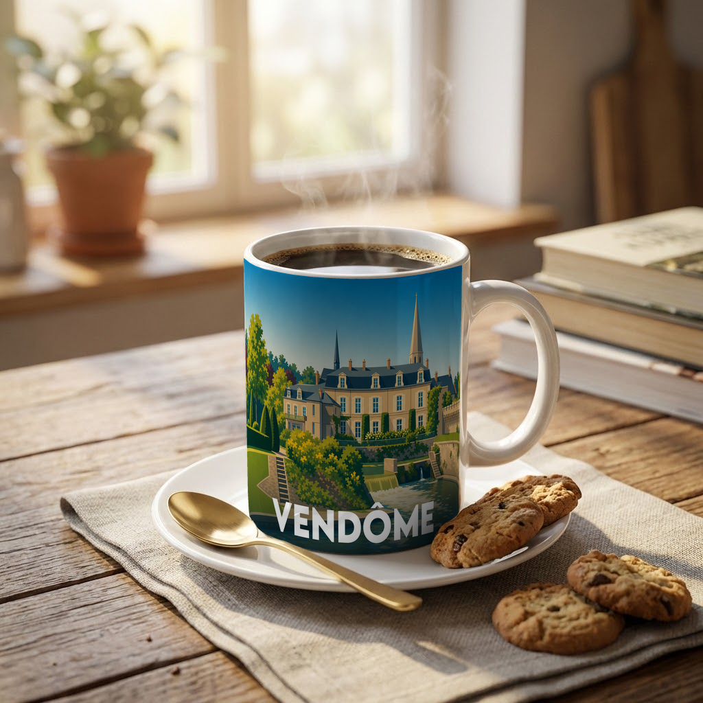 Mug souvenir de la ville de Vendôme avec une illustration stylisée.