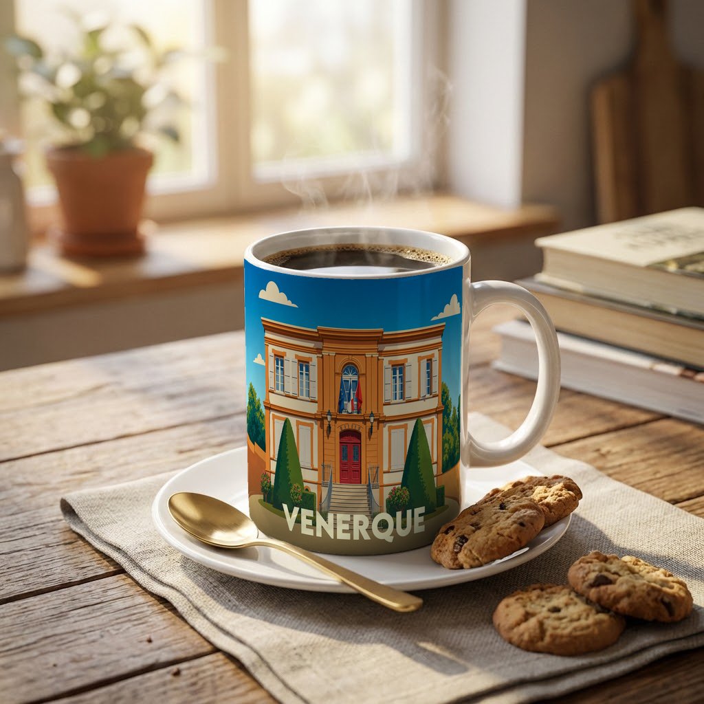Mug souvenir de la ville de Venerque orné d'une illustration stylisée de son hôtel de ville.