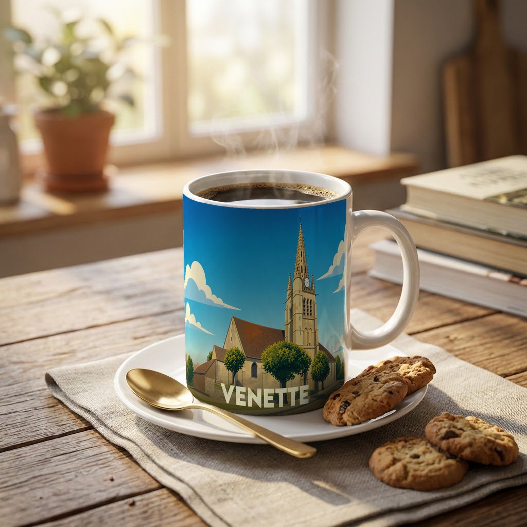 Mug souvenir de la ville de Venette avec une illustration stylisée de son église.