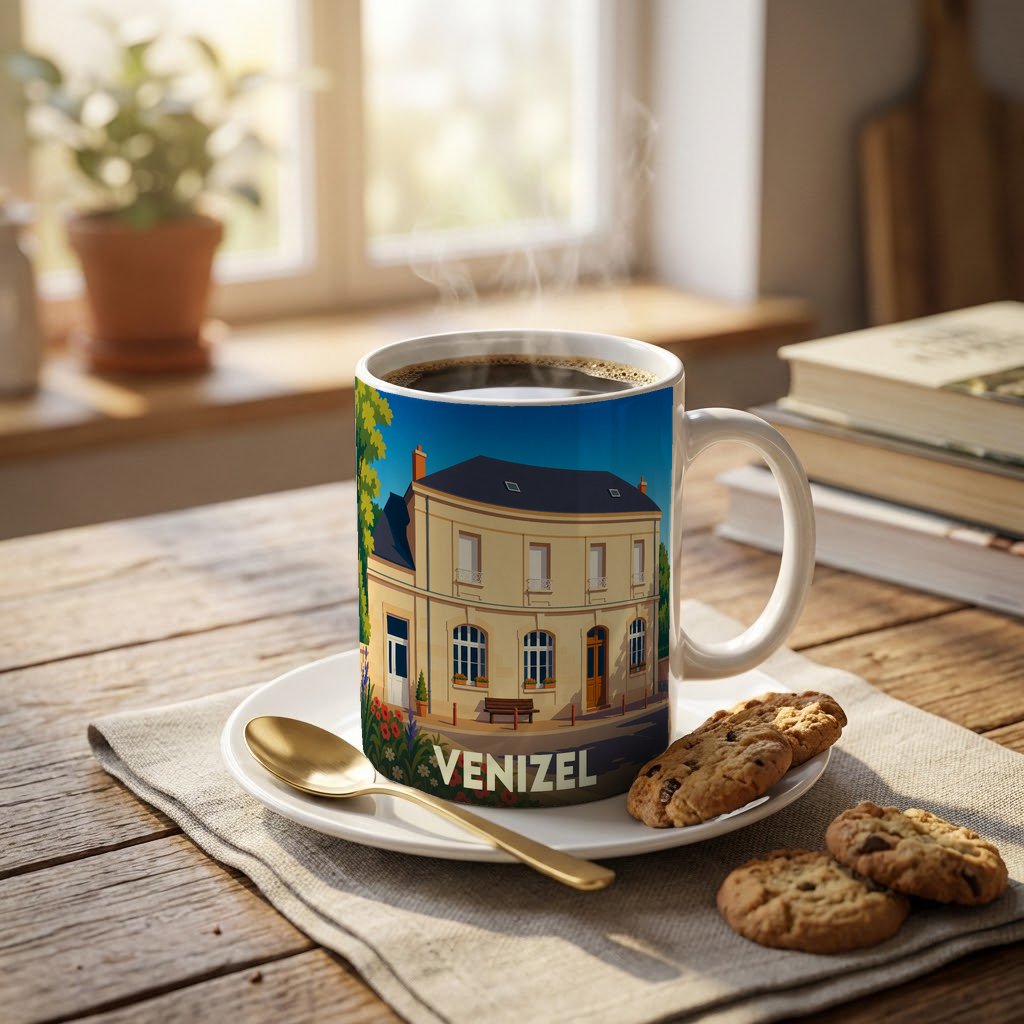 Mug souvenir de la ville de Venizel illustré d'un bâtiment de style classique sous un ciel bleu.