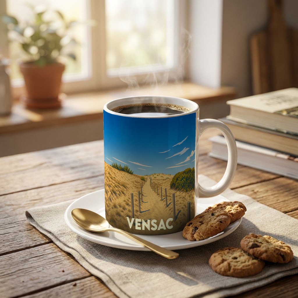 Mug souvenir de la ville de Vensac avec une illustration stylisée d'un chemin de dunes.