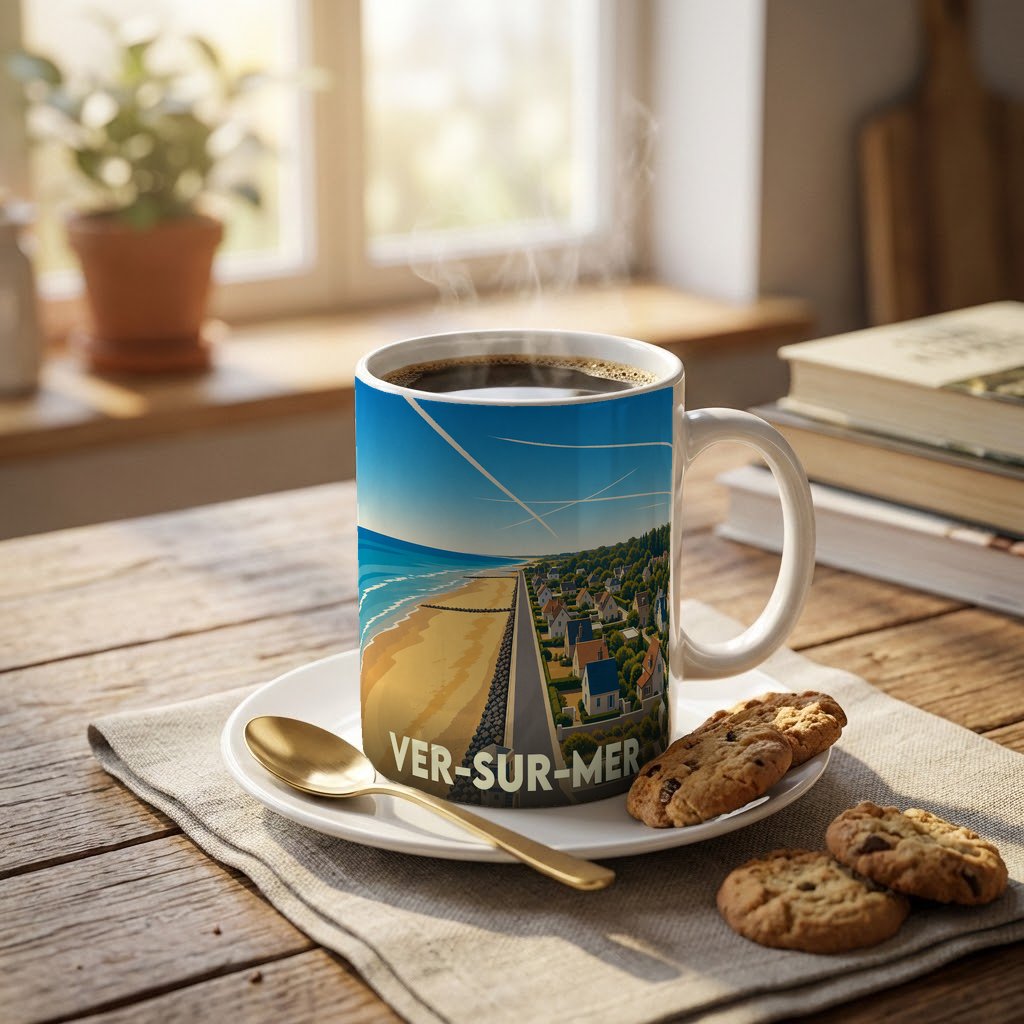 Mug souvenir de la ville de Ver-sur-Mer avec une illustration stylisée du front de mer.