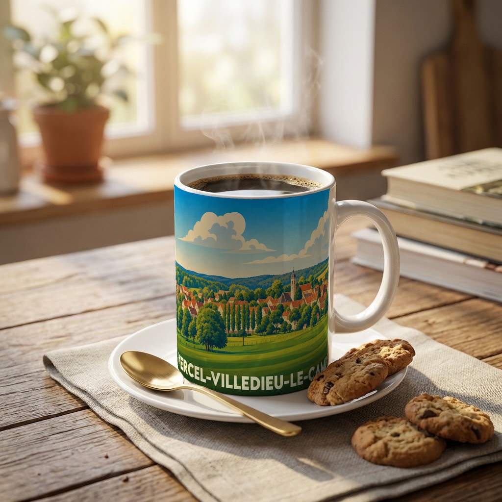 Mug souvenir de la ville de Vercel-Villedieu-le-Camp avec une illustration stylisée d'un paysage rural.