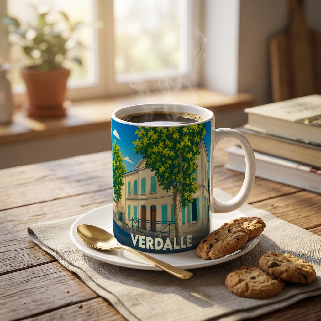 Mug souvenir de la ville de Verdalle orné d'une illustration stylisée de ses façades typiques.