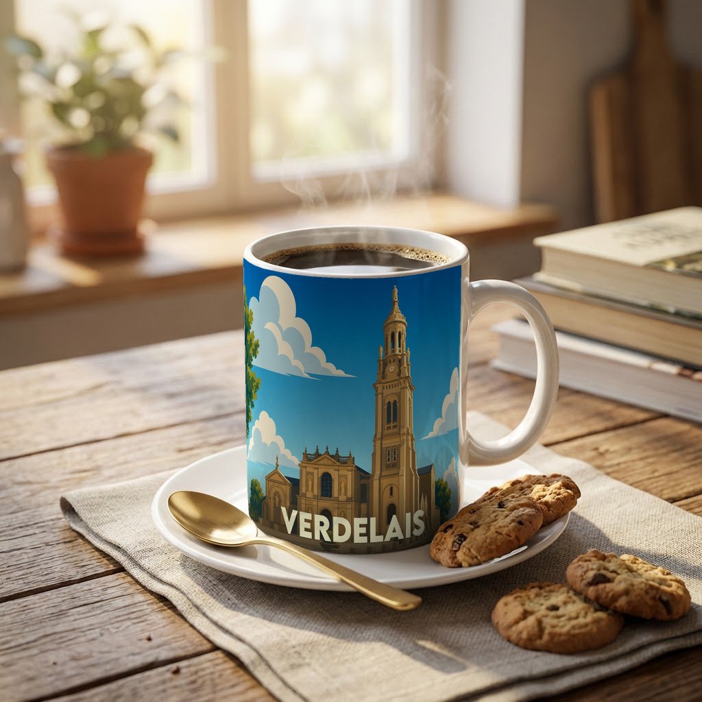 Mug souvenir de la ville de Verdelais avec une illustration stylisée de sa basilique.