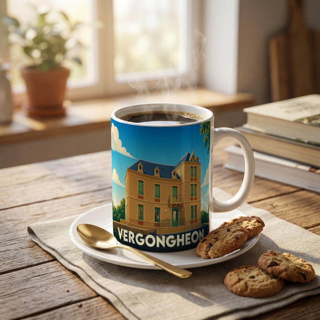 Mug souvenir de la ville de Vergongheon avec une illustration stylisée d'un bâtiment remarquable.