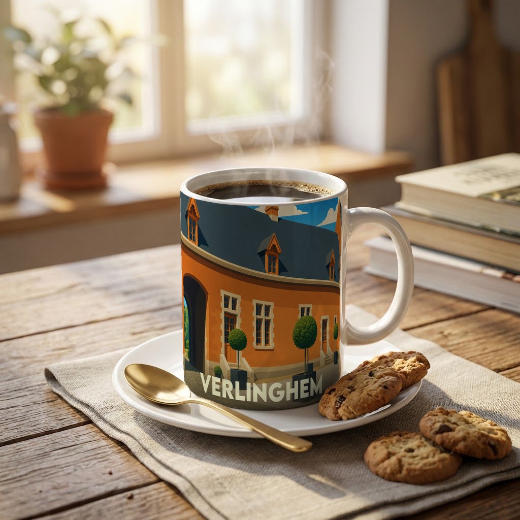 Mug souvenir de la ville de Verlinghem orné d'une illustration stylisée représentant un bâtiment historique.