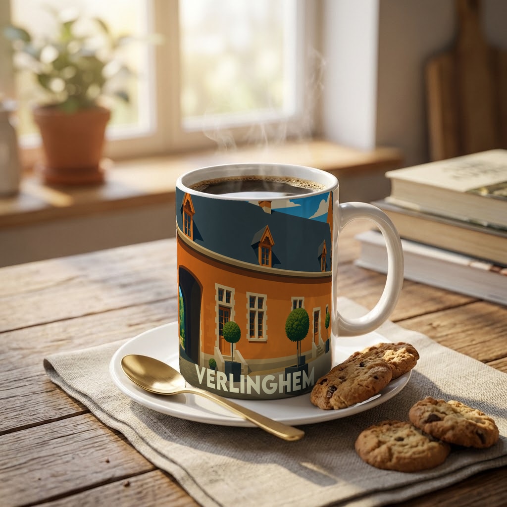 Mug souvenir de la ville de Verlinghem orné d'une illustration stylisée représentant un bâtiment historique.