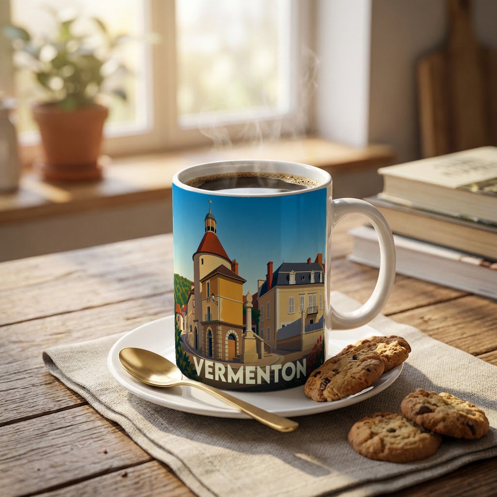 Mug souvenir de la ville de Vermenton avec une illustration stylisée et colorée de son architecture.