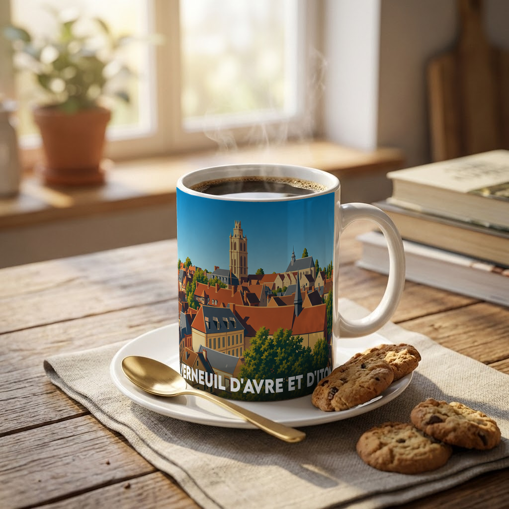 Mug souvenir de la ville de Verneuil d’Avre et d’Iton avec une illustration stylisée de ses toits et clochers.